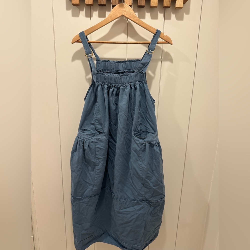 Blue Pinafore Overalls Dress - Casual Pocketed Bottoms